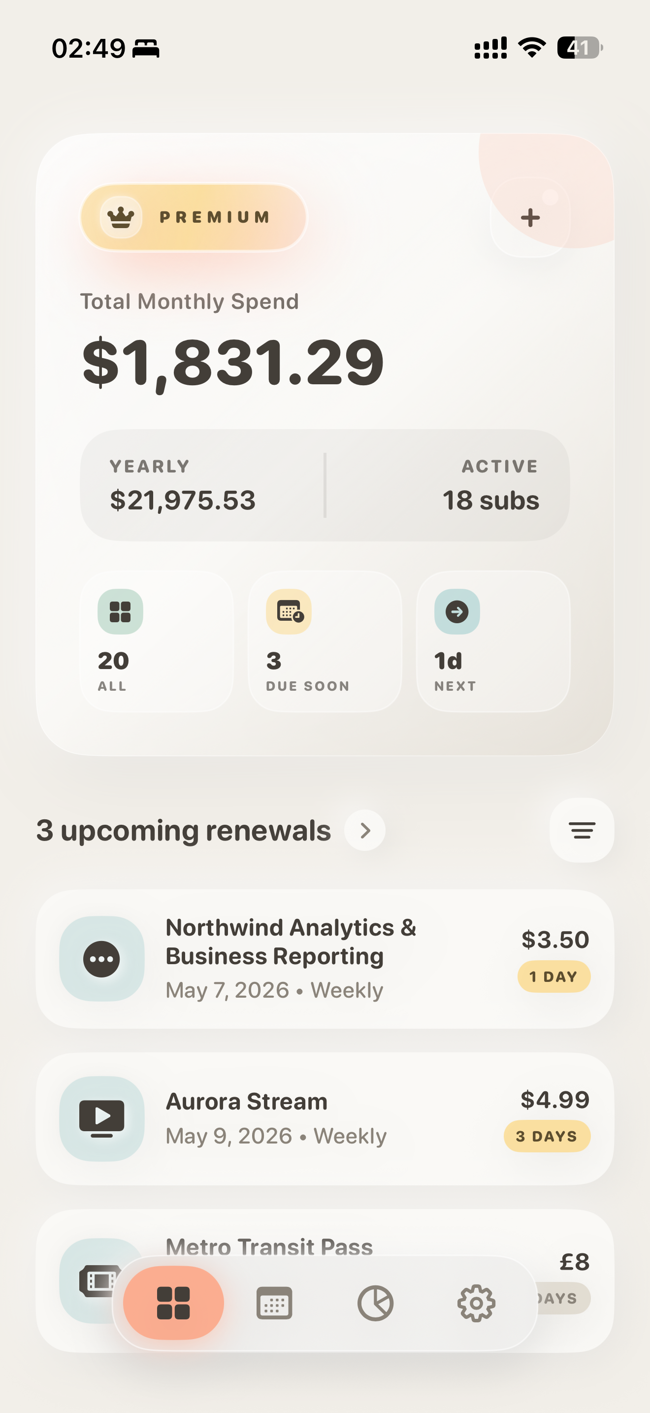 Sublimit app screenshot: subscription dashboard