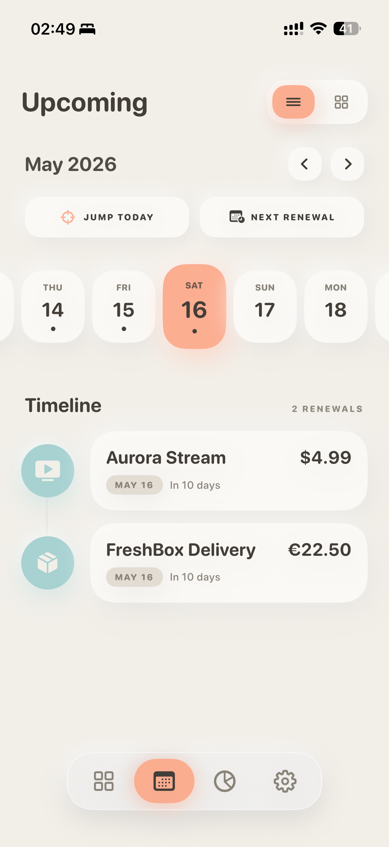 Sublimit app screenshot: subscriptions list view