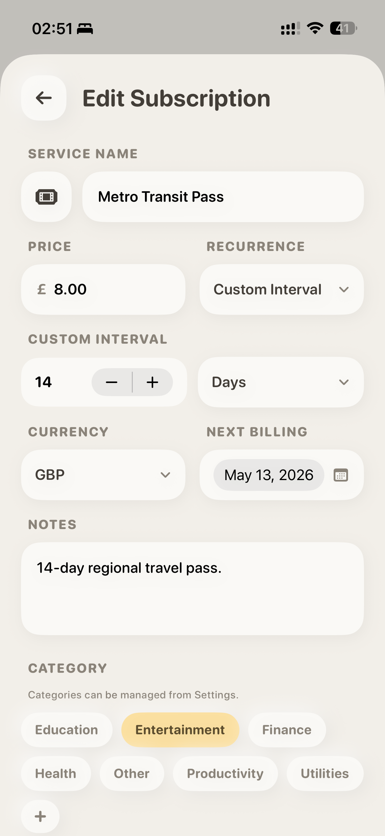 Sublimit app screenshot: categories or insights
